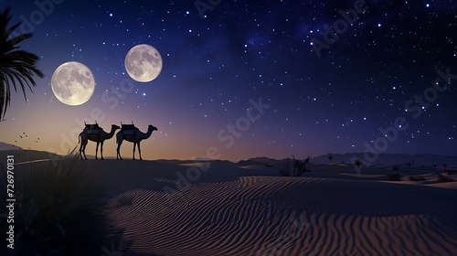 Camels standing on the desert with full moon and star night scene. realistic nature conceptual