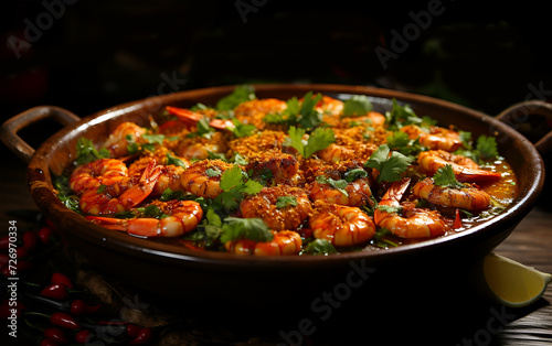 Spicy delicious food shrimp soup on a plate on a table