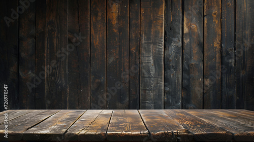 wooden table and dark wooden wall, generative ai