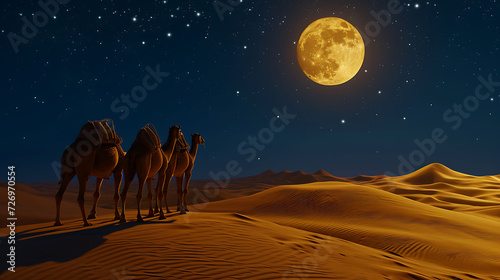 Camels standing on the desert with full moon and star night scene. realistic nature conceptual