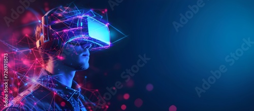 A VR goggles technology wearing on a man face with hi tech wavy background. Generative AI photo