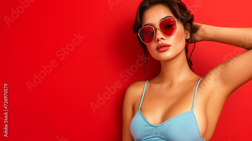 Captivating shot of a stunning young lady showcasing her elegance in a vibrant tank swimsuit against a striking red backdrop. A timeless representation of grace and style.