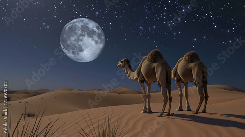 Camels standing on the desert with full moon and star night scene. realistic nature conceptual