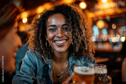 Curly Haired Woman Toasting in Pub. Generative AI