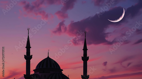 Silhouette of Mosques dome on dusk sunset sky and crescent moon symbol religion of Islamic