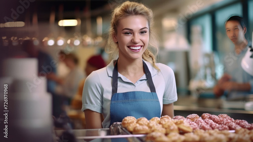 A smiling woman poses in a donut shop