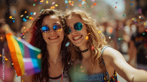 A LGBTQ Lesbian couple portrait at parade pride month. Generative AI