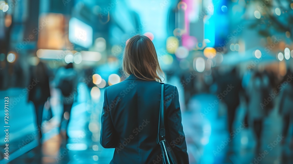 A woman walking the busy streets of down town, embodying urban beauty and fashion, wearing a suit uniform. Generative AI - obrazy, fototapety, plakaty 