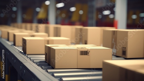 Efficient e-commerce flow: closeup of cardboard box packages gliding on conveyor belt in modern warehouse fulfillment center with automation © Ashi