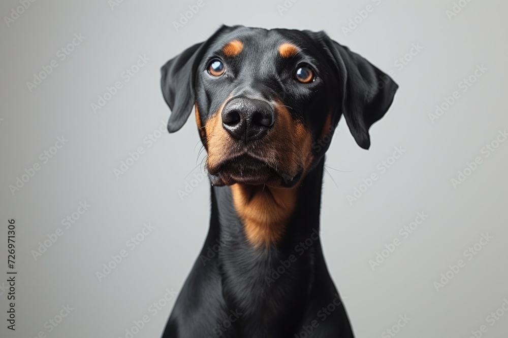 A close-up portrait of a Doberman Pinscher dog with sharp features and an attentive gaze, against a neutral background