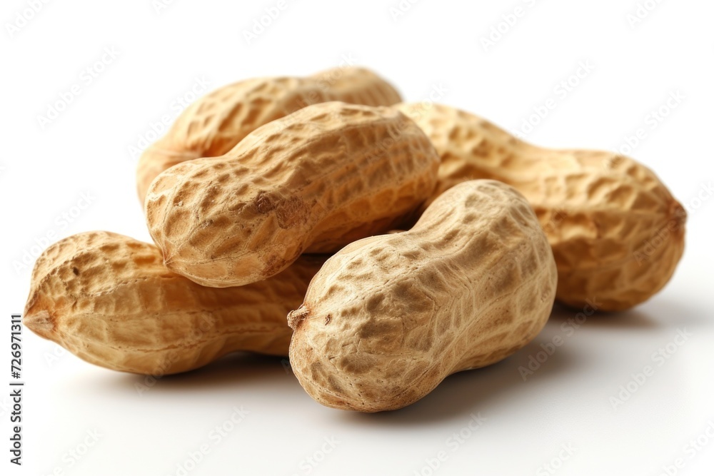 A group of peanuts in their natural shells against a crisp white backdrop, highlighting the simplicity and rawness of the legume A group of peanuts in their natural shells against a crisp white backdrop, highlighting the simplicity and rawness of the legume