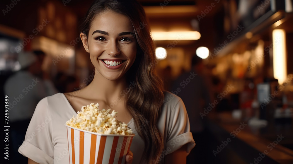 Smiling woman working in cinema cafeteria holding a box of popcorn Smiling woman working in cinema cafeteria holding a box of popcorn