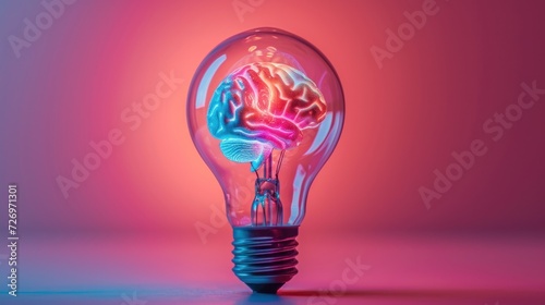 A light bulb glowing with a colorful brain model concept against a gradient pink and blue background symbolizes creativity and innovation