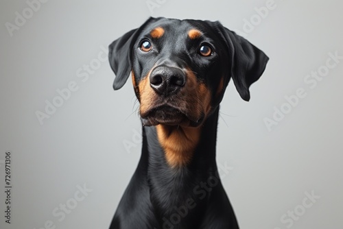 A close-up portrait of a Doberman Pinscher dog with sharp features and an attentive gaze  against a neutral background