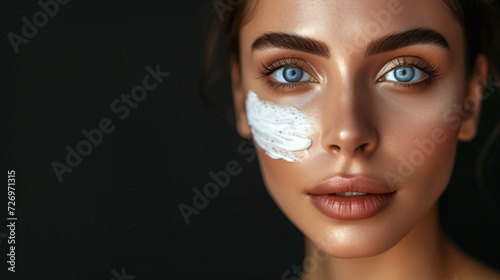 A stunning young woman with flawless skin, radiating confidence and beauty as she applies sun protection cream to her face. Her complexion is protected against harmful UV rays, ensuring she