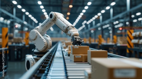 An advanced robotic arm operating on a conveyor belt within a bustling industrial warehouse, signifying automation and technological progress