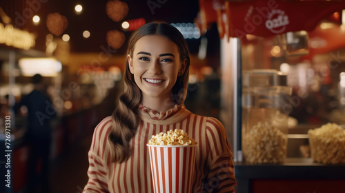 Smiling woman working in cinema cafeteria holding a box of popcorn