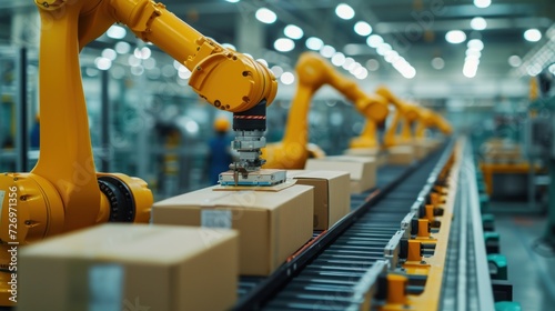 A row of yellow industrial robot arms precisely assembling products on a production line, showcasing efficiency and modern manufacturing