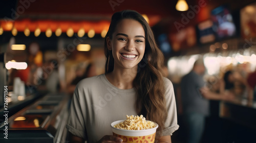 Smiling woman working in cinema cafeteria holding a box of popcorn photo
