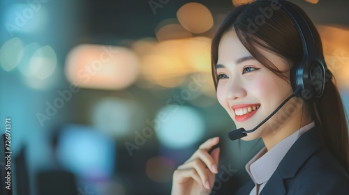 Smiling business woman operator talking on mobile phone headset in office. Generative AI