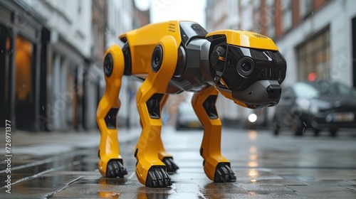 A cutting-edge robotic dog with a sleek yellow design stands out on a rainy city street, showcasing modern robotics and artificial intelligence in an urban setting