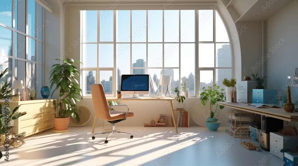 Comfortable creative office area with morning sunlight