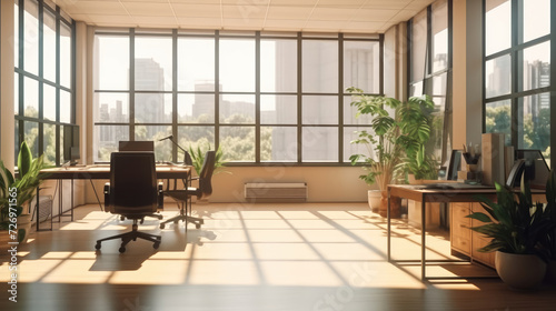 Comfortable creative office area with morning sunlight