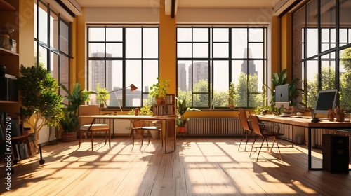 Comfortable creative office area with morning sunlight