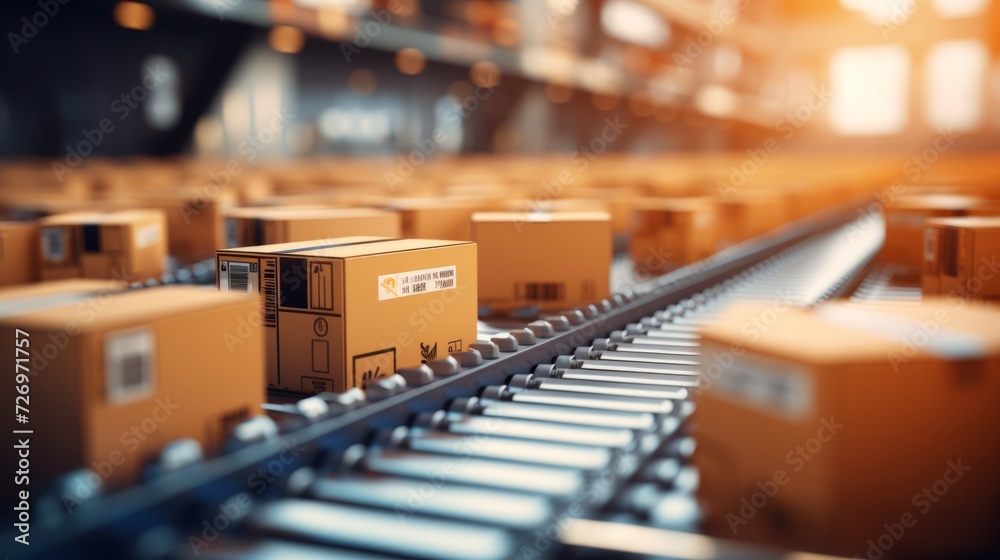 Efficient e-commerce flow: closeup of cardboard box packages gliding on conveyor belt in modern warehouse fulfillment center with automation Efficient e-commerce flow: closeup of cardboard box packages gliding on conveyor belt in modern warehouse fulfillment center with automation