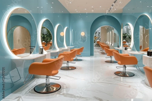 A sleek and modern hair salon interior featuring stylish orange chairs and circular mirrors, with a tranquil blue color scheme