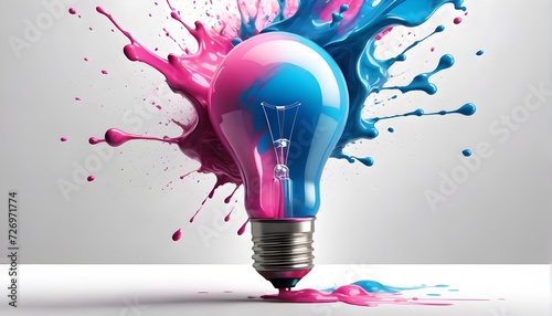 Vibrant light bulb surrounded by splashing pink and blue paint on white background. Think differently creative idea concept. Business, innovation, solution, strategy concept.