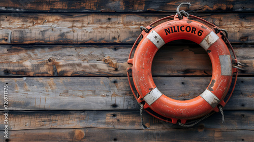 Welcome on Board  lifebuoy with text on horizontal wooden background texture, copy space for individual text. Generative Ai photo