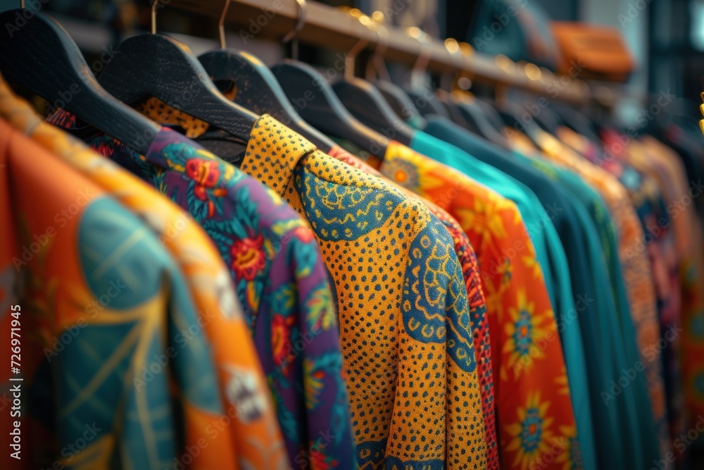Close-up of a row of vibrant patterned garments hanging neatly on hangers, highlighting the diversity in textile design Close-up of a row of vibrant patterned garments hanging neatly on hangers, highlighting the diversity in textile design