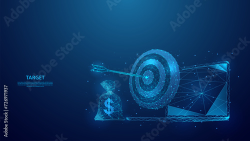 financial target concept on laptop screen. blue low poly style.