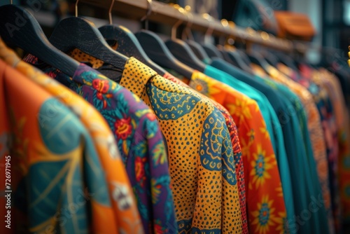 Close-up of a row of vibrant patterned garments hanging neatly on hangers, highlighting the diversity in textile design