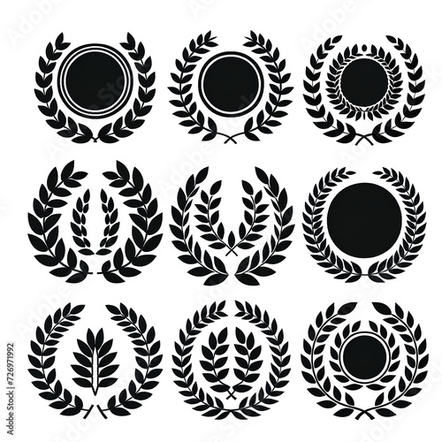 vector set of black laurel wreaths, featuring circular foliate laurel branches. The designs include a variety of laurel wreath silhouettes, represen photo