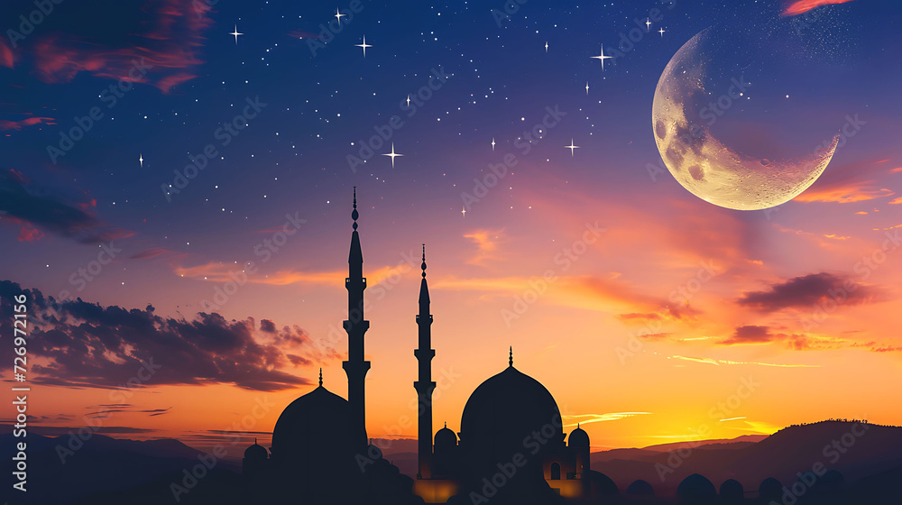 Silhouette of Mosques dome on dusk sunset sky and crescent moon symbol religion of Islamic