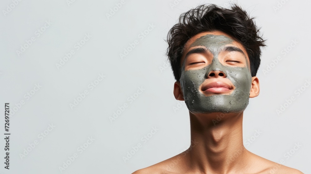 Young Asian man enjoying a charcoal face mask, eyes closed with a peaceful expression.