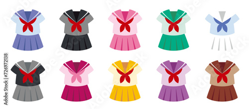 シンプルでカラフルなセーラー服のアイコンセットB（夏服半袖）png、ベクター使用推奨／uniform
