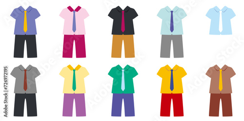 カラフルでシンプルな男子学生服のアイコンセットB（色シャツ夏服ベルトなし）png、ベクター使用推奨／uniform