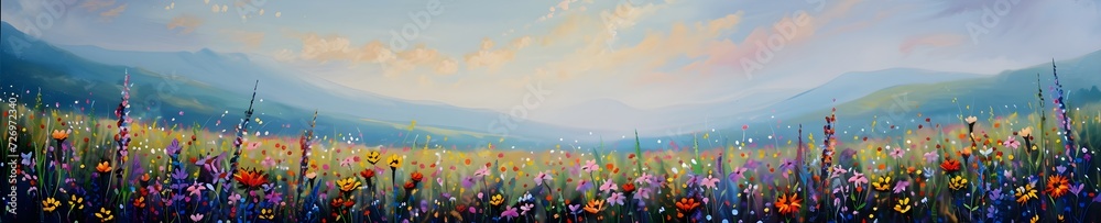 A field of flowers watercolor landscape illustration banner. Generative AI