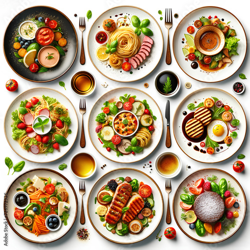 A set of plates of food, each isolated on a white background and viewed from the top. The set includes a variety of dishes, such as a plate of pasta
