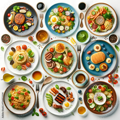 set of plates of food, each isolated on a white background and viewed from the top. The set includes a variety of dishes, such as a plate of pasta