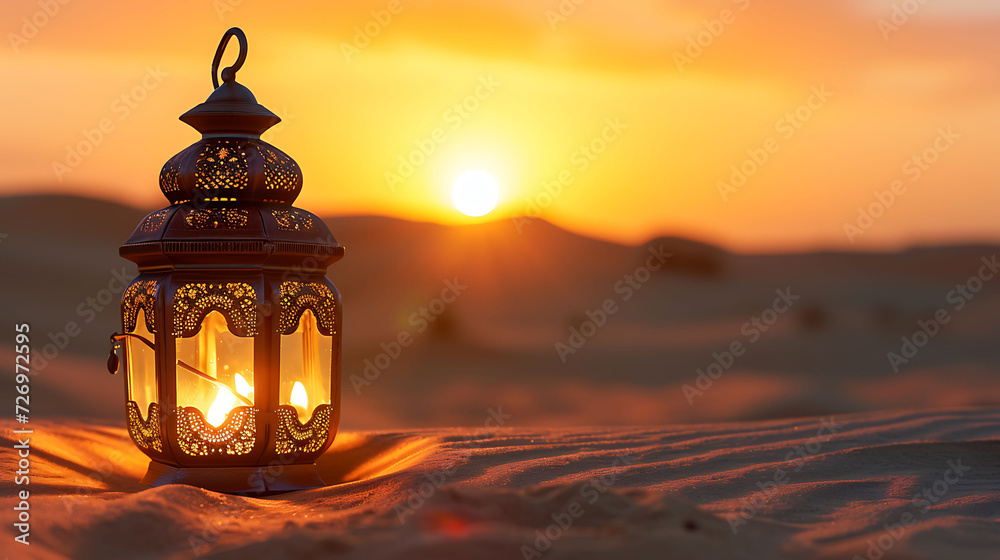 Oriental lamp in sand at Ramadan night, sand dune landscape with bright sunset background