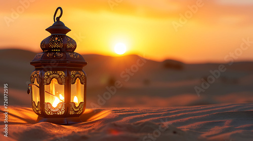Obraz na płótnie Oriental lamp in sand at Ramadan night, sand dune landscape with bright sunset background w salonie