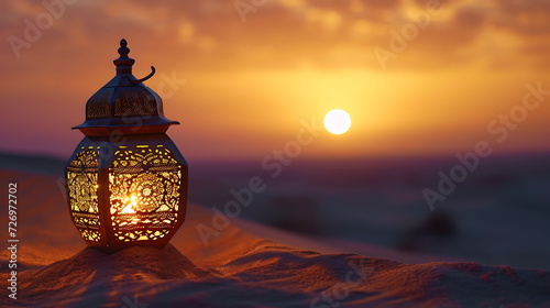 Oriental lamp in sand at Ramadan night, sand dune landscape with bright sunset background