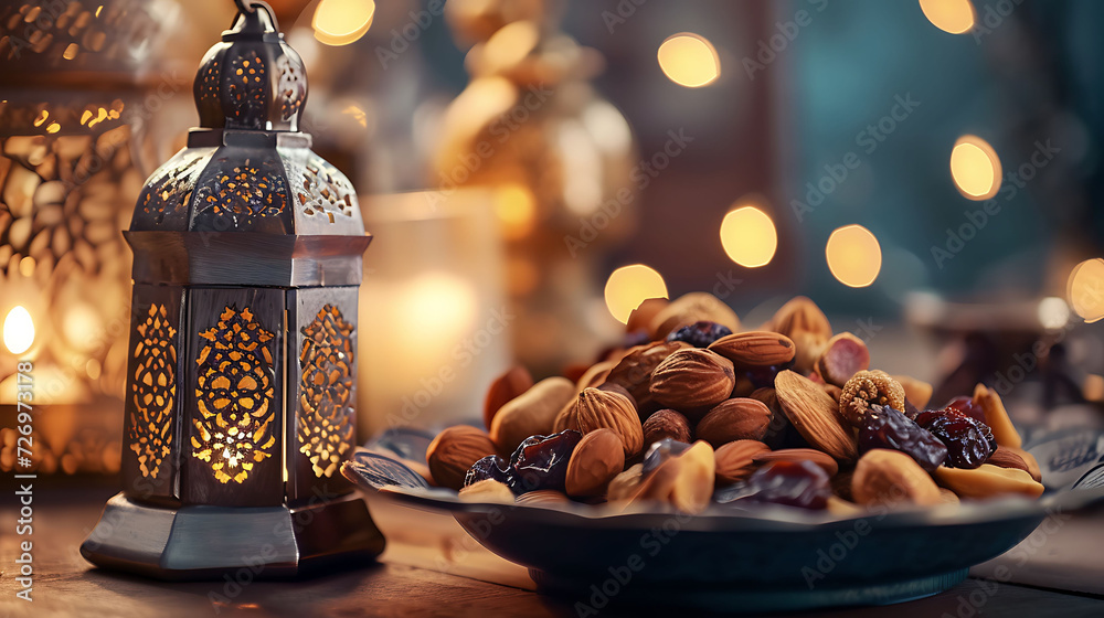 Ramadan Kareem concept photo dry fruits with lantern lamp, Eid Mubarak