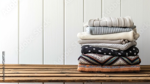 Stack of clean freshly laundered, neatly folded women's clothes on wooden table. Pile of shirts, dresses and sweaters on the table, white wall background. Copy space, close up, top view. © Zahid
