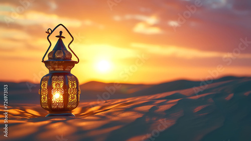 Oriental lamp in sand at Ramadan night, sand dune landscape with bright sunset background © Uzair