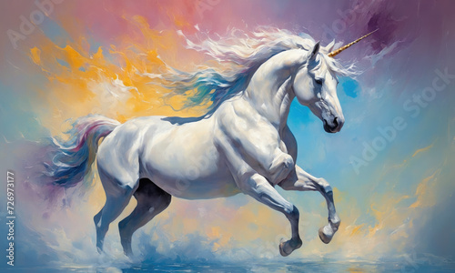 Fantasy Illustration of a wild unicorn Horse. Digital art style wallpaper background in pastel colors.
